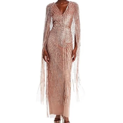 Vestido largo Adrianna Papell con cuentas y lentejuelas con capa en oro rosa - para mujer talla 8 Foto 1 de 4