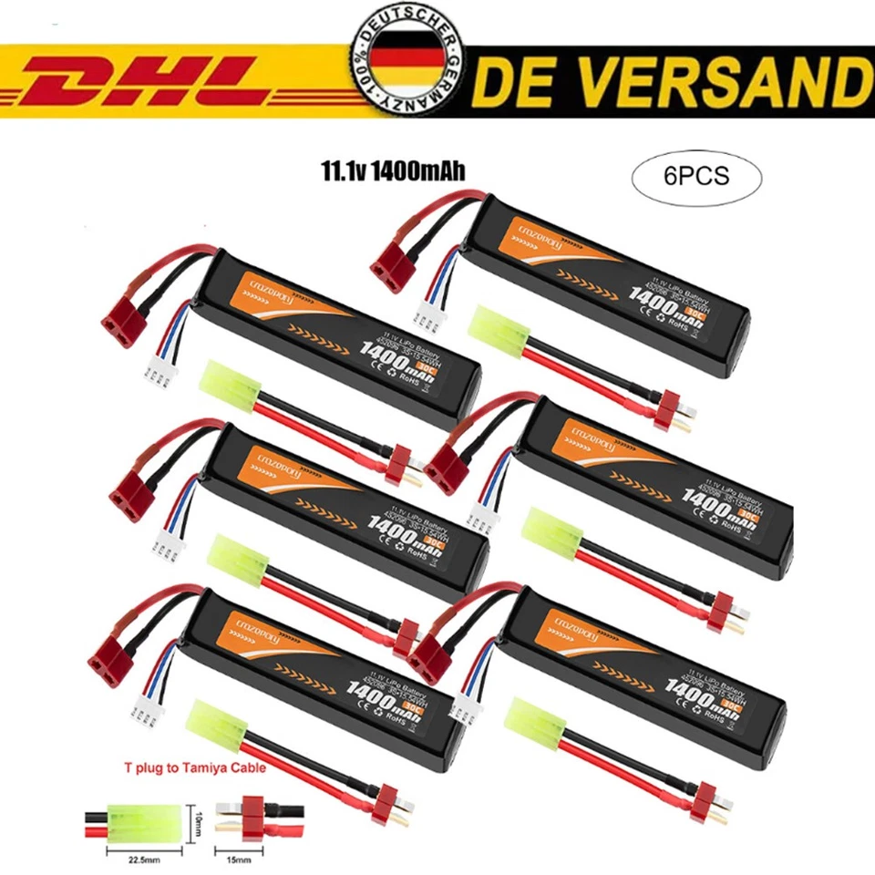 6 x 11,1V 1400mAh 30C Airsoft Hobby LiPo Akku Wiederaufladbarer Deans T Stecker - Bild 1 von 4