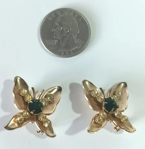 Coppia di piccole spille vintage a farfalla con strass verdi e bianchi - Foto 1 di 5