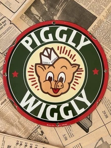 VINTAGE 1948 PIGGLY WIGGLY GROCERY STORE 12 INCH PORCELAIN ENAMEL SIGN - Picture 1 of 6