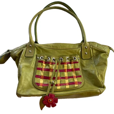 Sofia C. Handbag Green Red Genuine Leather Woven Pattern With Cut Out Charms - Image 1 of 4