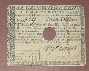 1780 $7 Dollar State Of Massachusetts Bay currency Note Very Rare - Picture 1 of 5