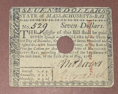 1780 $7 Dollar State Of Massachusetts Bay currency Note Very Rare - Image 1 of 4