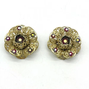 Sarah Coventry Gold Tone Flower Clip On Earrings Aurora Borealis Rhinestones - Picture 1 of 4
