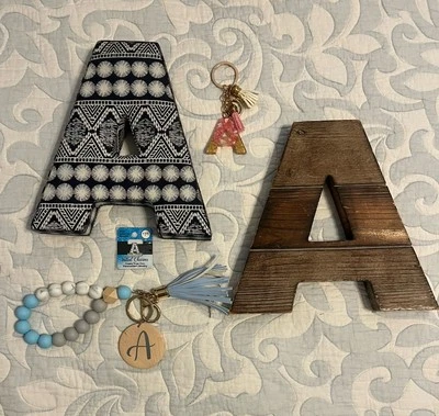 Letter A Wall Hangings X 2, Key Chain X 2, Rhinestone Charm Letter Initial - Image 1 of 4