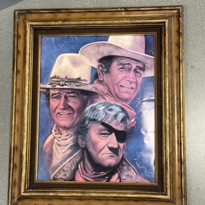 Vtg John Wayne Cowboy Portrait Painting Western Wall Art Rustic Frame - Picture 1 of 13