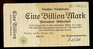 1923 Germany REICHSBAHN 1 Trillion / 1.000.000.000.000 Mark Banknote - Picture 1 of 2