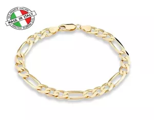 Italian Bracelet 18K Gold Over Sterling Silver 7mm Solid Diamond-Cut Figaro 7.0 - Picture 1 of 3