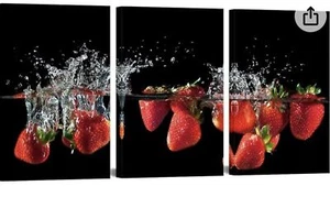 3 Pc Canvas Kitchen Wall Art Strawberry Fruit In Water Picture Poster 16x24” - Picture 1 of 6