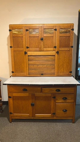 Sellers Large Hoosier Cabinet Cupboard Oak Antique With Stained Glass Cover