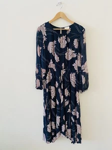 Witchery Midi Dress Size 14 Navy Blue Floral Lined Sheer Long Sleeve Asymmetric - Picture 1 of 14