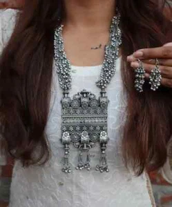 Bollywood Style Silver Gold Plated Oxidized Mirror Long Necklaces Indian Jewelry - Picture 1 of 3