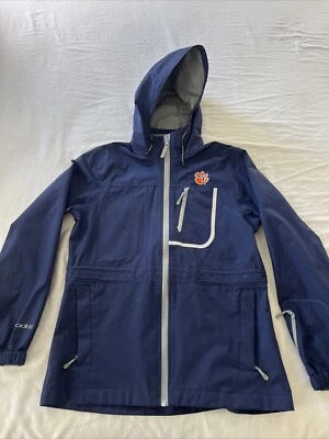 Chaqueta de lluvia delgada con capucha azul para mujer Oobē pequeña bordada castaño rojizo Foto 1 de 4