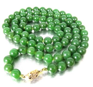 Vtg. 14K Yellow Gold Natural Jadeite Jade Bead Necklace Good Fortune Clasp - Picture 1 of 13