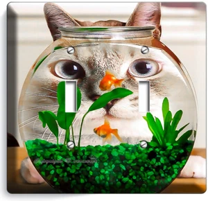 DIVERTIDO INTERRUPTOR DE LUZ DE ACUARIO DE OBSERVACIÓN DE GATOS DORADO 2 PANDILLAS PLACAS DE PARED DECORACIÓN DE HABITACIÓN - Imagen 1 de 1