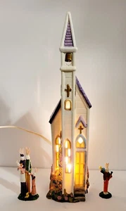 Vintage Easter Bunny Lighted Church 3 pc Set 10" Tall Pencil Style House - Picture 1 of 11