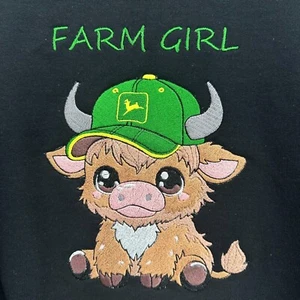 Highland Cow Sweatshirt John Deere Tractor Farm Girl Embroidered YOUTH Kids Crew - Picture 1 of 12