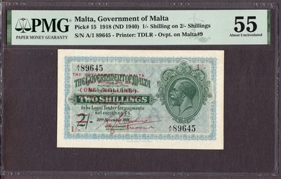 Malta 1 Shilling on Two Shillings 1918 (ND 1940) Pick-15 About UNC PMG 55 - Image 1 of 2