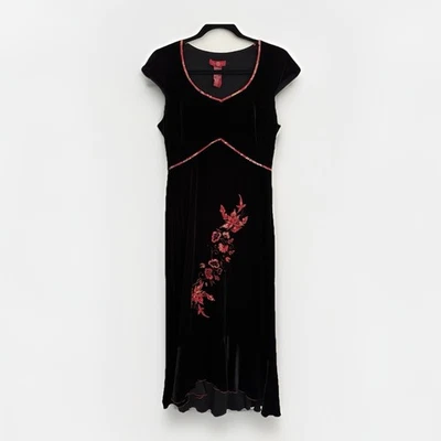 Vintage Sangria Black Velvet Midi Dress Sz 8 Asian Whimsigoth Goth Babydoll Y2K - Image 1 of 4