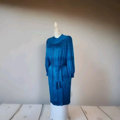 Francesca of Damon for Starington Vtg Blue Silk Brocade Gathered Yoke Dress Sz 8 - Image 1 of 4