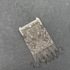Antiguo bolso de noche con micro cuentas de metal de 1900 bolso de mano plateado Art Nouveau - Imagen 1 de 15
