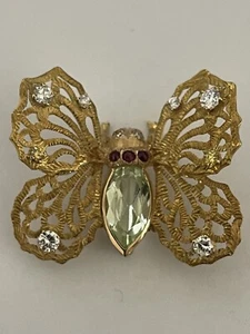 18k Solid Yellow Gold Natural Diamond & Peridot Ruby Butterfly Brooch/Pin - Picture 1 of 9