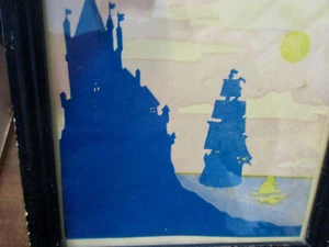 WONDERFUL AMERICANA 1930 art deco period Silhouettes SAILING SHIP PICTURE + OVAL - Picture 1 of 4