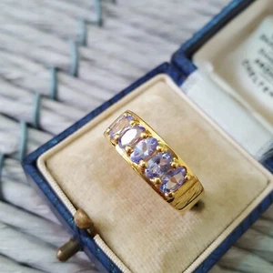 925 Sterling Silver Ring, Genuine Tanzanite Band Ring, Size L.5 US 6, Gold Plate - Picture 1 of 7