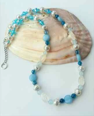 COLLANA ACQUAMARINA NATURALE, TOPAZIO AZZURRO, AGATA BLU E FILIGRANA D'ARGENTO - Immagine 1 di 4