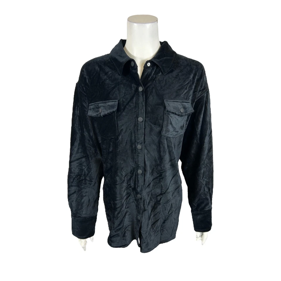 Isaac Mizrahi Womens Soho Ribbed Velour Shirt Jacket Top Solid Black Large Size Foto 1 de 2