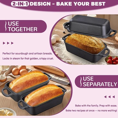 Cast Iron Loaf Pan Lid 9X5" 2 in 1 Pans Baking Bread Even Heat Distribution - Image 1 of 4