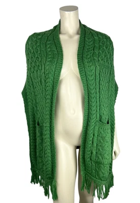 Aran Crafts Green Merino Wool Shawl One Size Fringe Cable Knit Sweater Ireland - Image 1 of 4