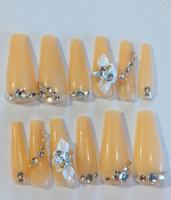 Juego de cubierta completa beige largas uñas postizas 20 piezas transparentes AB pedrería Bling ART Foto 1 de 4
