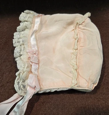 ANTIQUE Baby Bonnet Silk and Lace, Ribbon Ties, Light Pink by Wee Bonnet Size 12 - Image 1 of 4