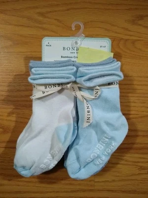 8 BONBINI Crew Socks 2-4 2T 3T 4T Toddler Non Slip Grippy Boys Blue White NEW  - Image 1 of 4