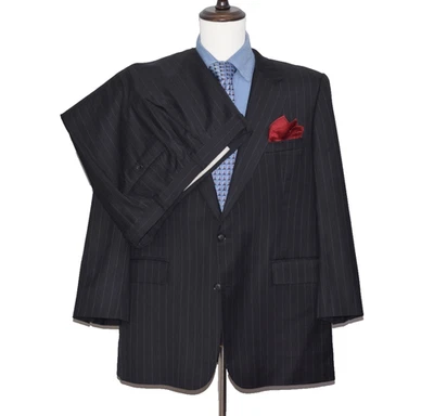 Loro Piana Bespoke Striped Mens 2pc Black Suit Size 48-S Flat Front Pant 42x29 - Image 1 of 4