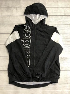 Adidas Jacket Youth Medium 10/12 Black White Hooded Windbreaker Spell Out Logo - Picture 1 of 5