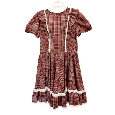 Vestido Vintage Años 70 Marrón Plai Cuadrado Baile Círculo Completo Rockabilly Volantes M/L Foto 1 de 4