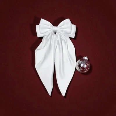 White Satin Stylish Bow with Big Ribbon Hair Clip All Hair Types Non Slip - Image 1 of 4