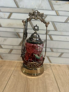 Antique Cranberry Glass Hand Painted PICKLE Castor Jar - Picture 1 of 9