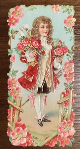 VICTORIAN DIE-CUT SCRAP EMBOSSED YOUNG SUITOR HOLDING ROSES - Picture 1 of 10