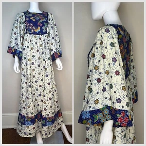Vtg 1970s Batik & Butterfly Floral Print Boho Maxi Dress Bell Sleeves 70s Hippie - Picture 1 of 6
