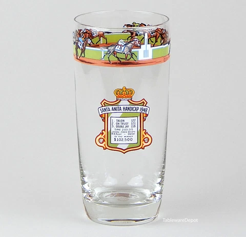 RARE! 1948 Santa Anita Handicap Glass Tumbler, MINT UNUSED California Sport Arts Cover