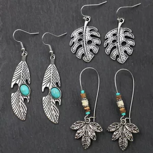 Green Red Turquoise Leaf Shaped Drop Earrings 3 Pairs Women Vintage Boho Jewelry - Picture 1 of 17