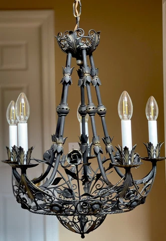 Antique Italian Wrought Iron Tole Black Chandelier Roses Gothic Spanish Revival Cover
