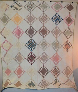 3843 Hübscher, antiker 1860-60er Jahre Sägezahn Quadrat Quilt, handgesteppt, hübscher Stoff - Bild 1 von 23