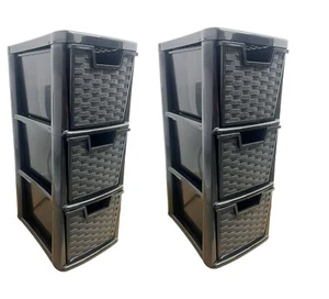 Set of 2 Medium 3-Drawer Storage Units Stylish Rattan Black for Organized Living - Picture 1 of 9