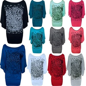 Damen-T-Shirt Fledermausärmel Glitzer Tigergesicht bedruckt U-Ausschnitt Pullover Tops - Bild 1 von 23