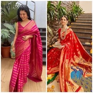 Indische Designer Paithani Seidensari Damen🥻 GRATIS Bluse Stück (2er Pack) - Bild 1 von 9