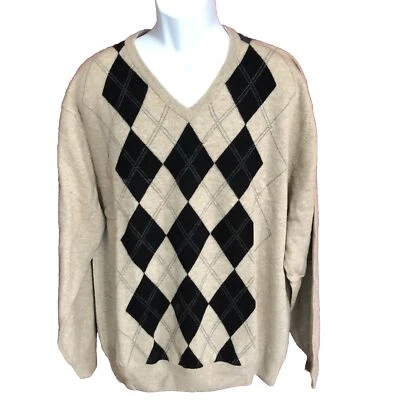 Jos A Banks Lambs Wool Nylon V-Neck Beige Plaid Sweater XXL New with Tags - Image 1 of 4